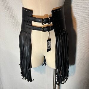 BCBGMAXAZRIA Sz S Faux Leather Studded Fringe Belt with Double Buckle NEW